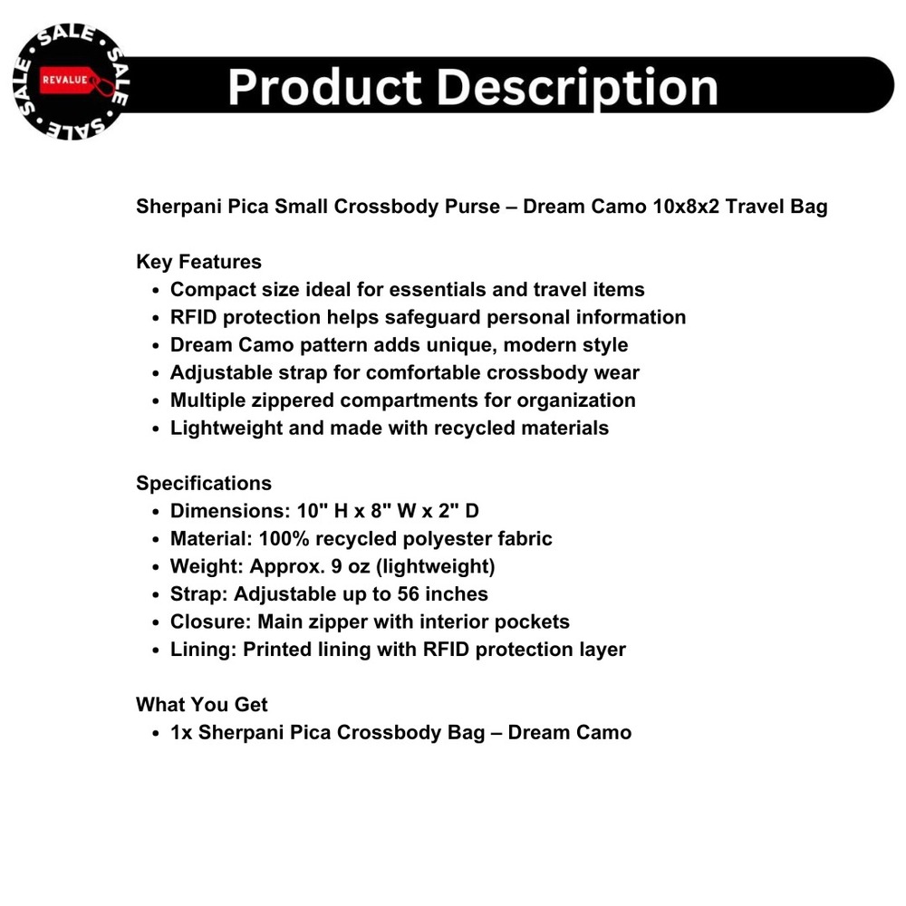 Sherpani Pica Small Crossbody Purse – Dream‎ Camo 10x8x2 Travel Bag - Picture 2 of 5